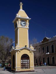 The clock tower on the plaza, in Uyuni