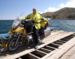 The ferry crossing on Lake Titicaca.  It was only when we landed that I realized that I had to back the bike off the boat.