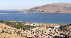 Deep blue Lake Titicaca (elevation 12,500´) at Puno, Peru